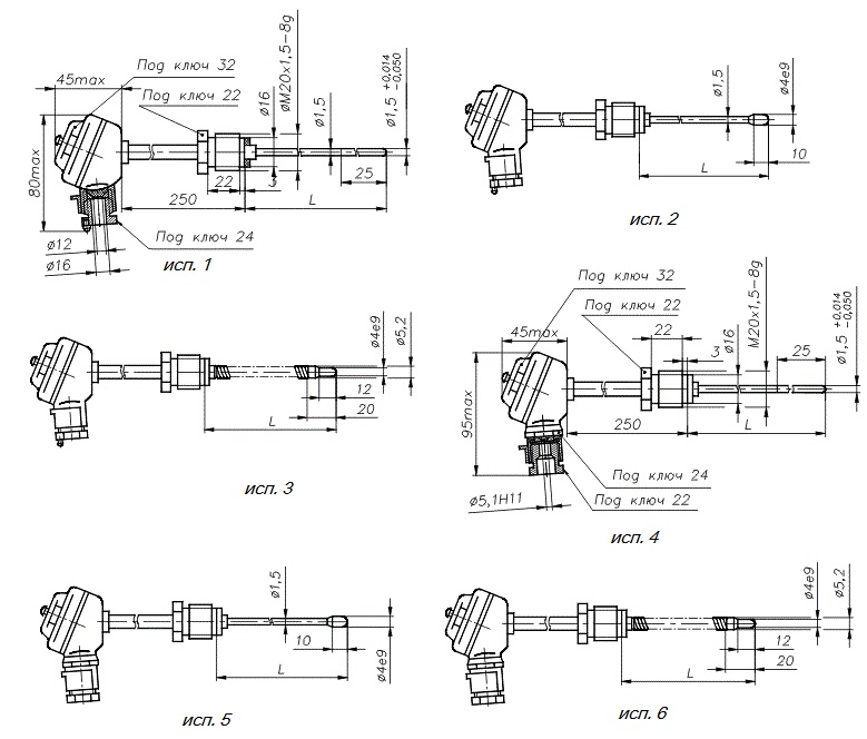 Рис.1. Чертеж термопреобразователей ТХА-1690В, ТХК-1690В