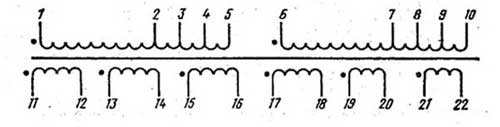 Электрическая схема трансформаторов ТПП и напряжением сети питания на 127/220 В и частоту 50 Гц